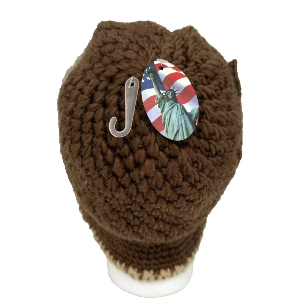 Women's Crochet Cloche Fleece Lined Winter Hat Faux Fur Flower Accent Brown Knit
